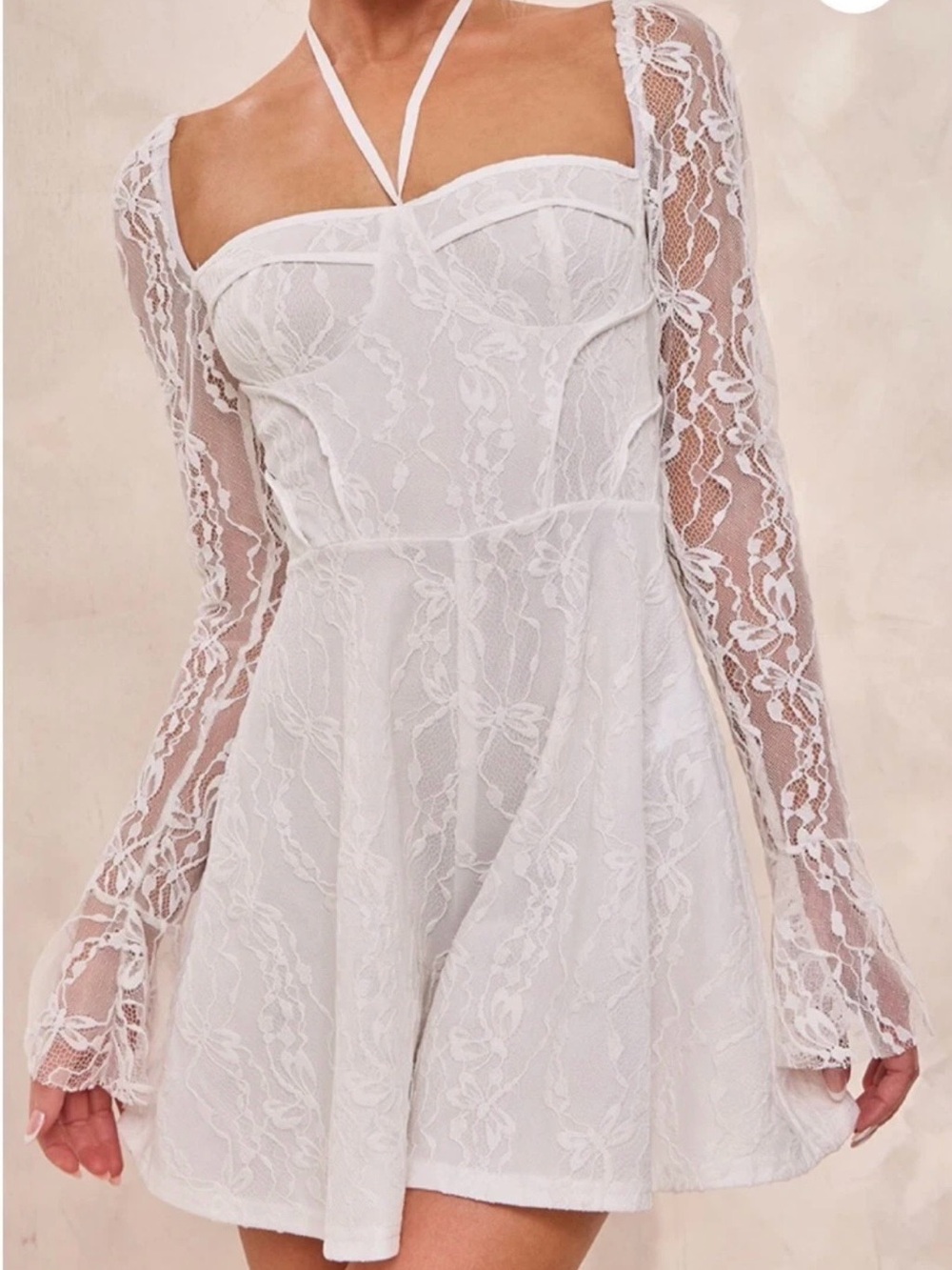 PrettyLittleThing White Lace Long Sleeve Mini Dress
